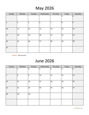 May and June 2026 Calendar Vertical