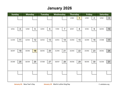 Monthly 2026 Calendar with Day Numbers