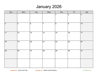 Monthly 2026 Calendar with Weekend Shaded