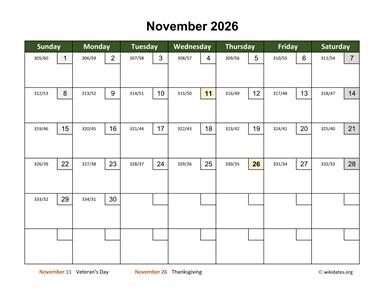 November 2026 Calendar with Day Numbers