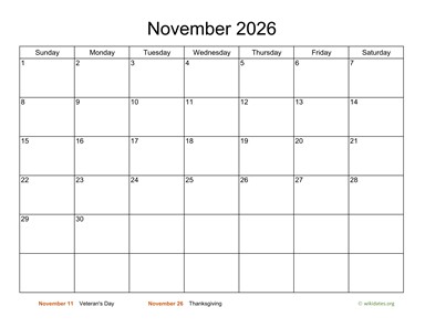 Basic Calendar for November 2026