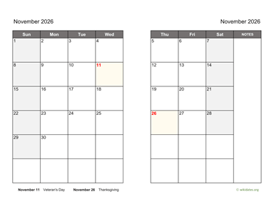 November 2026 Calendar on two pages