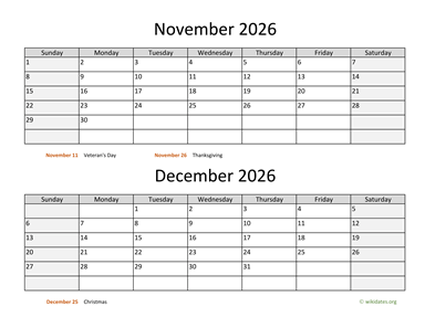 November and December 2026 Calendar Horizontal