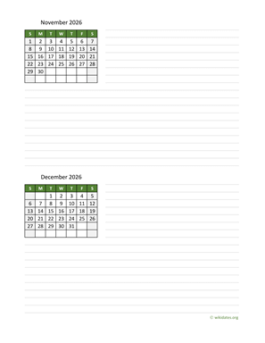 November and December 2026 Calendar  WikiDates.org