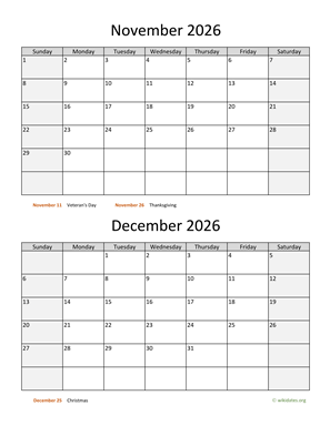 November and December 2026 Calendar Vertical