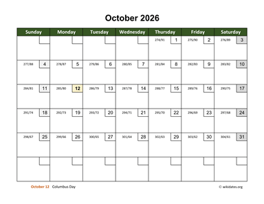 October 2026 Calendar with Day Numbers
