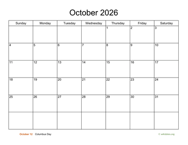 Basic Calendar for October 2026