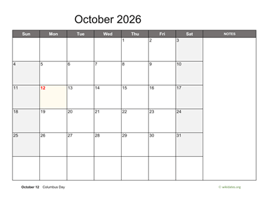 October 2026 Calendar with Notes