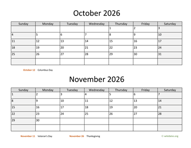 October and November 2026 Calendar Horizontal