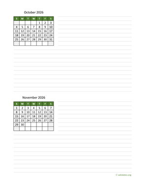 October and November 2026 Calendar with Notes