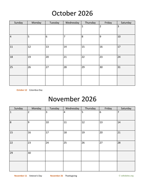 October and November 2026 Calendar Vertical