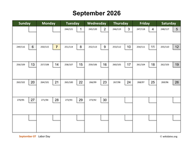 September 2026 Calendar with Day Numbers