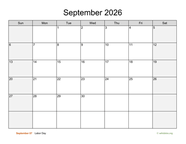 September 2026 Calendar with Weekend Shaded