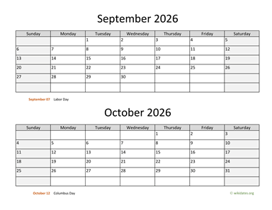 September and October 2026 Calendar Horizontal