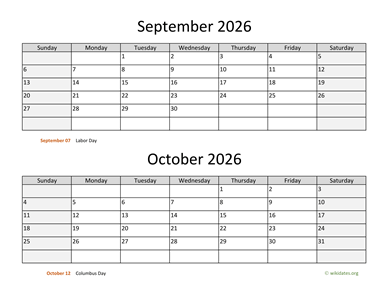 September and October 2026 Calendar  WikiDates.org