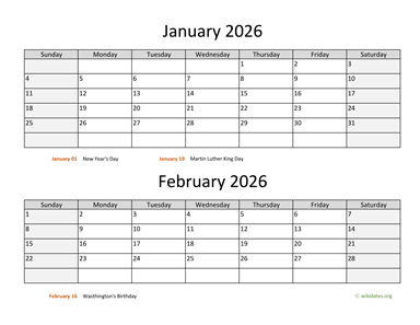 Two Months 2026 Calendar Horizontal