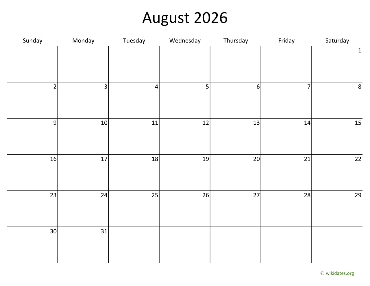 August 2026 Calendar With Bigger Boxes