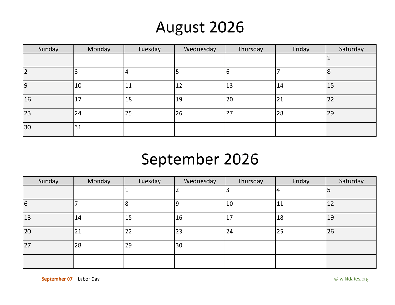 August and September 2026 Calendar  WikiDates.org