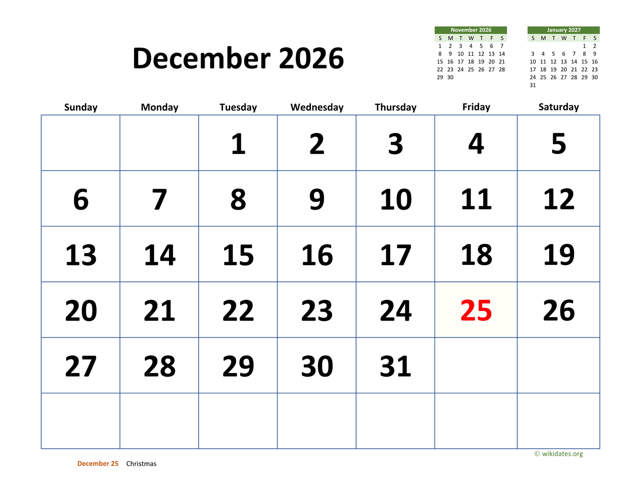 December 2026 Calendar With Extra Large Dates