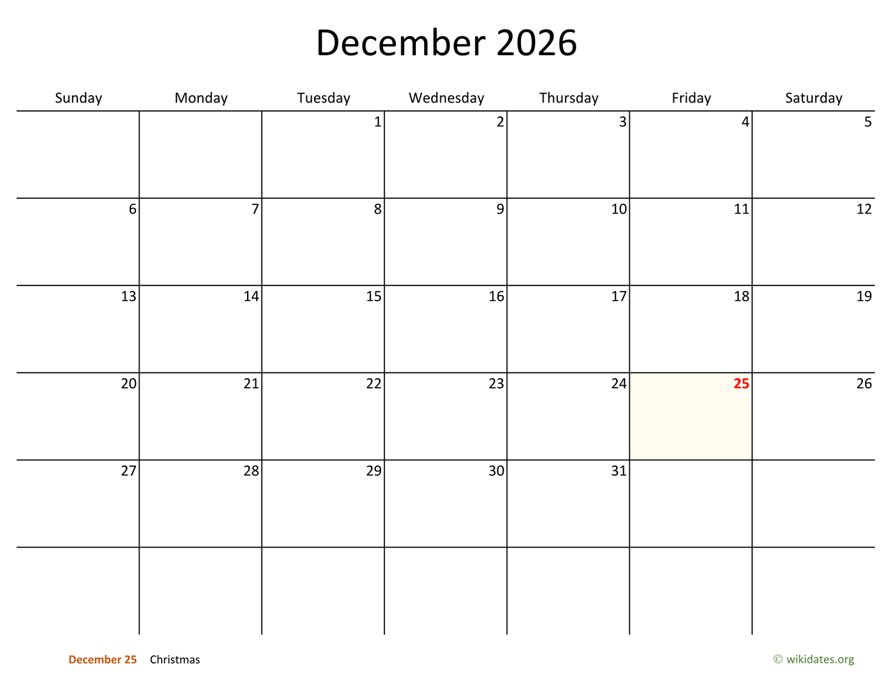 December 2026 Calendar with Bigger boxes  WikiDates.org