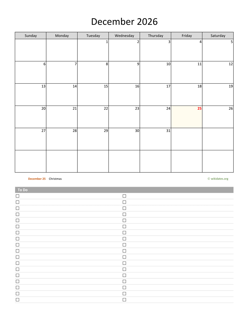 December 2026 Calendar with To-Do List  WikiDates.org