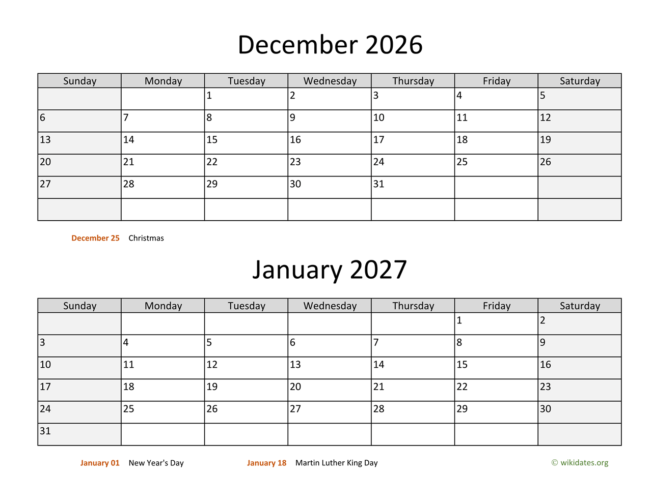 December 2026 and January 2027 Calendar