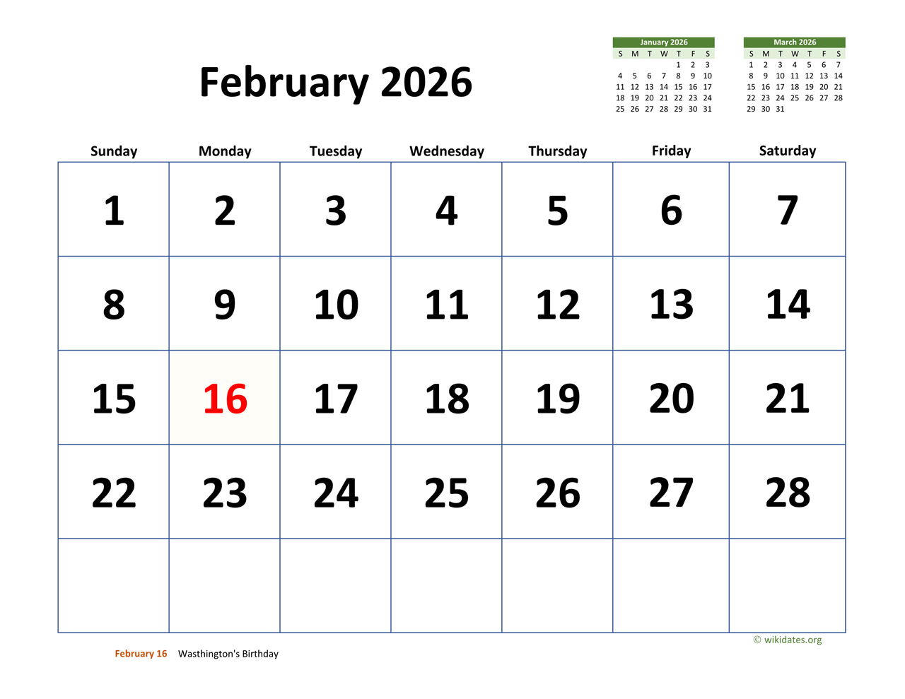 February 2026 Calendar with Extralarge Dates