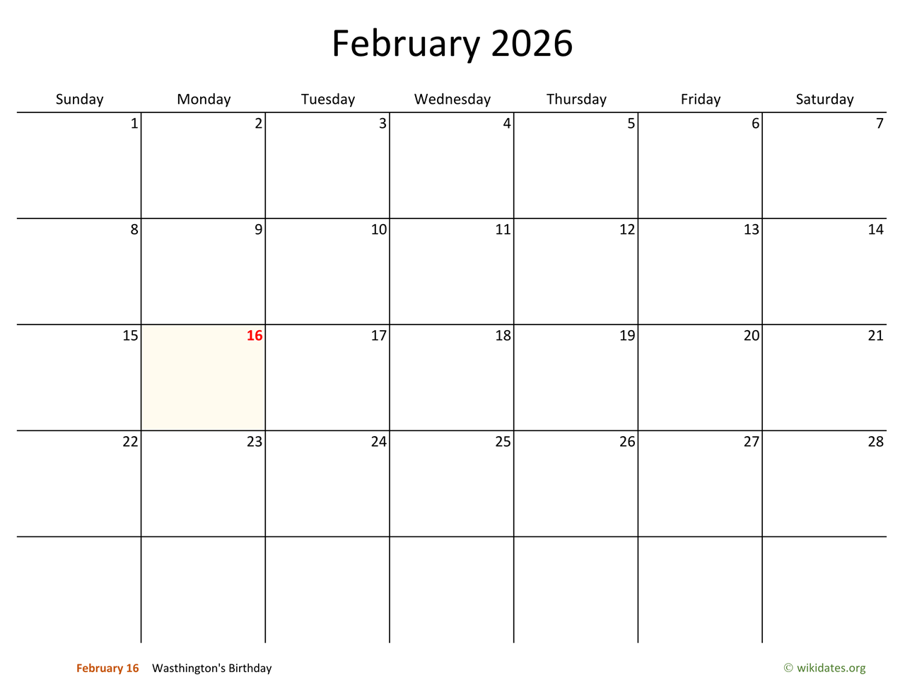 February 2026 Calendar with Bigger boxes  WikiDates.org