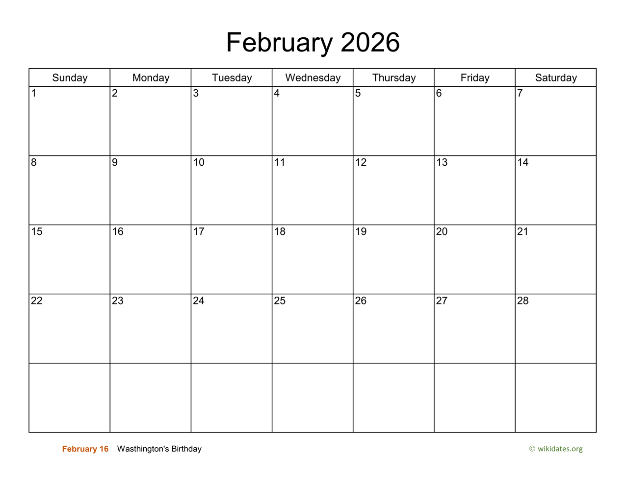 Basic Calendar for February 2026  WikiDates.org