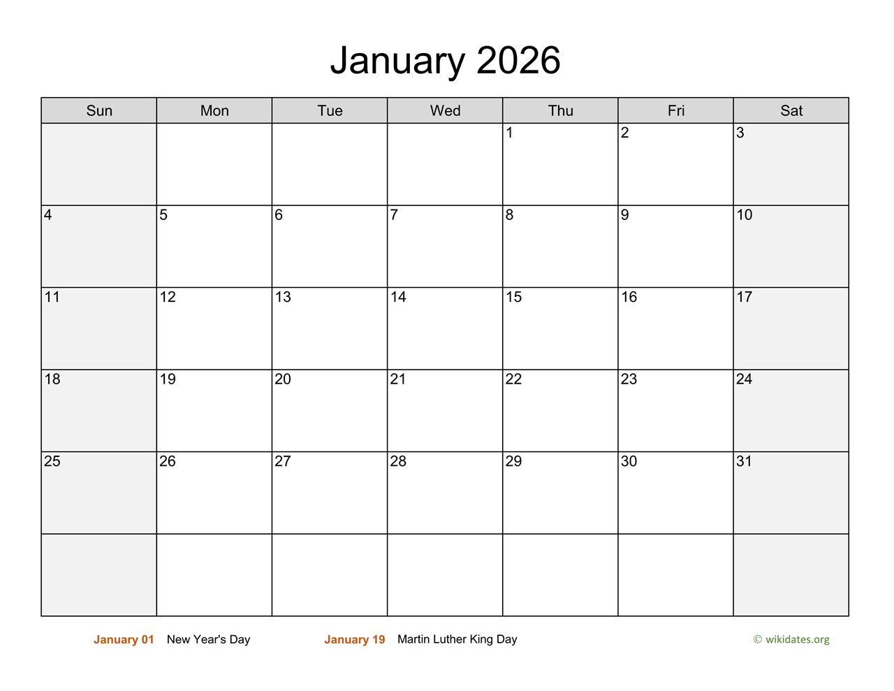 January 2026 Calendar With Weekend Shaded