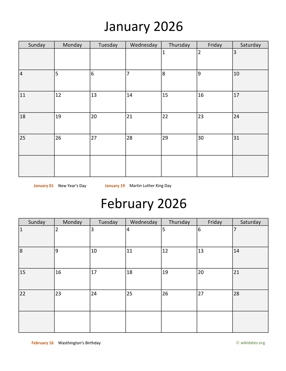 January And February 2026 Calendar