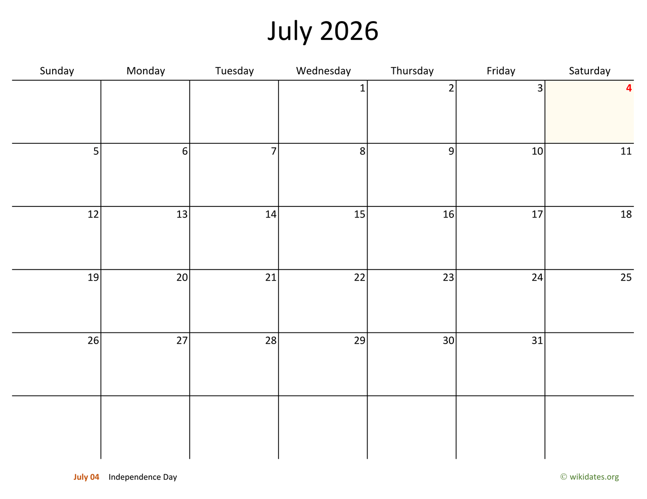 July 2026 Calendar with Bigger boxes