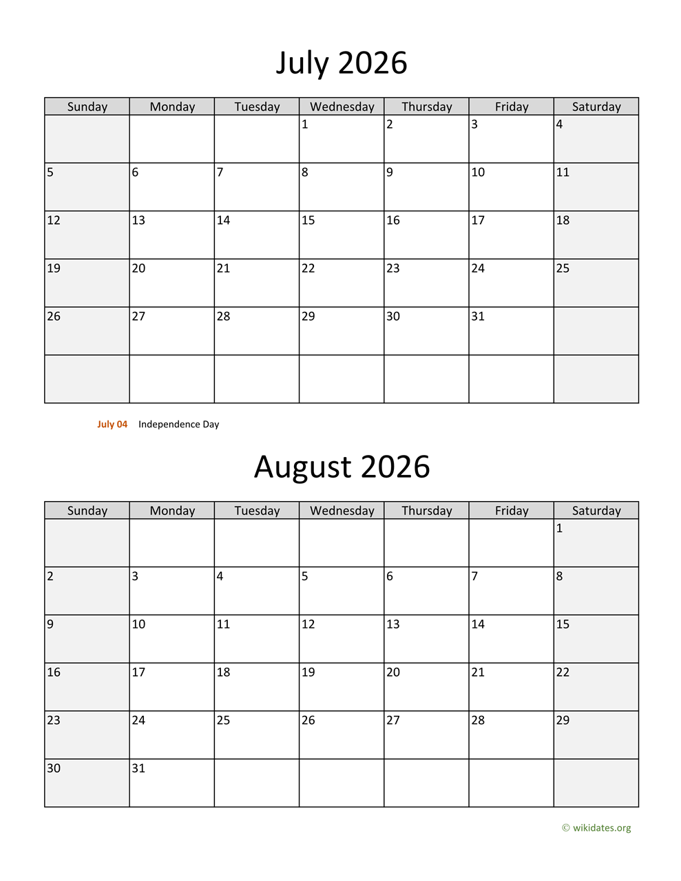 July and August 2026 Calendar  WikiDates.org