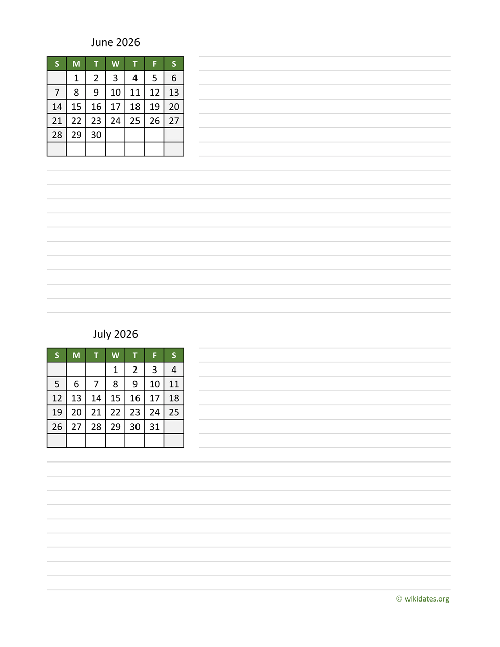 June and July 2026 Calendar  WikiDates.org