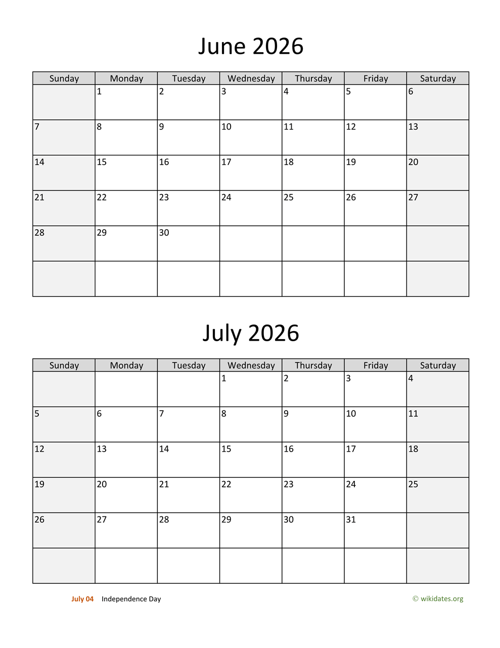 June and July 2026 Calendar  WikiDates.org