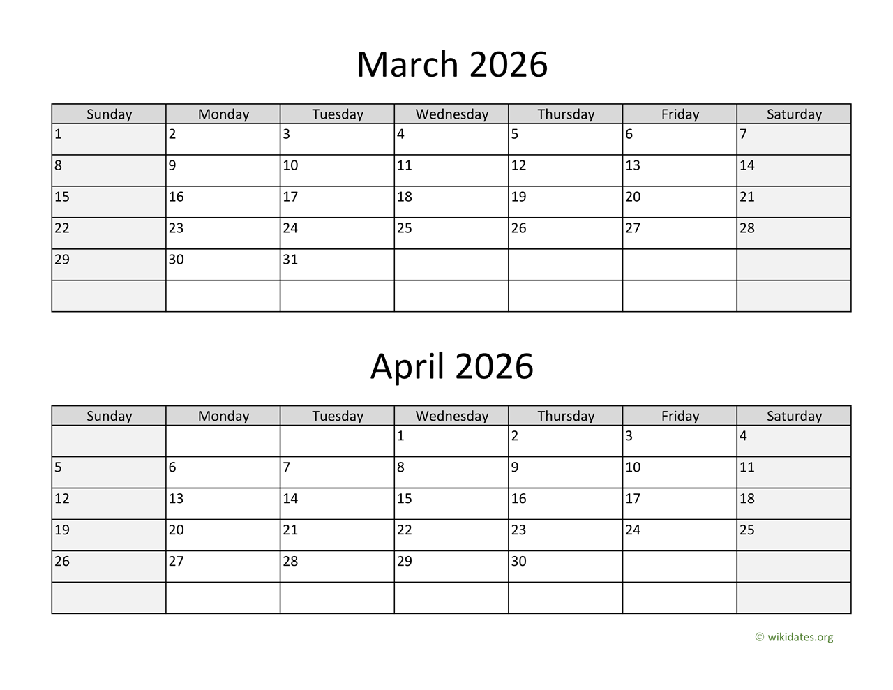 March and April 2026 Calendar