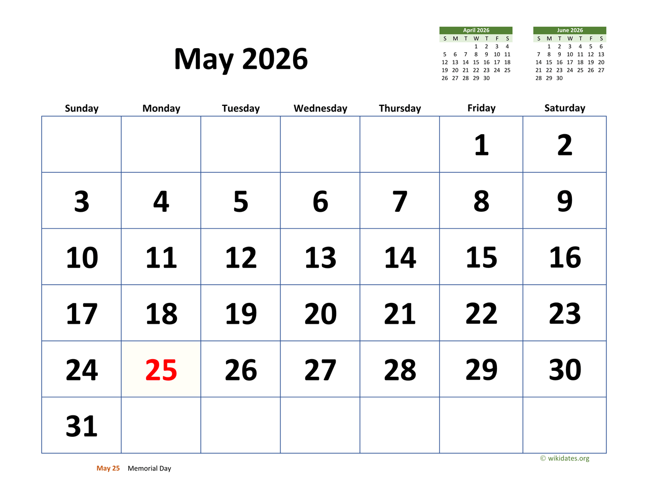 May 2026 Calendar With Extra Large Dates