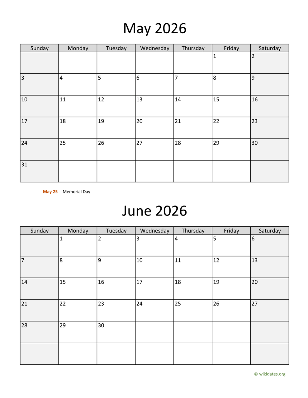 May and June 2026 Calendar  WikiDates.org
