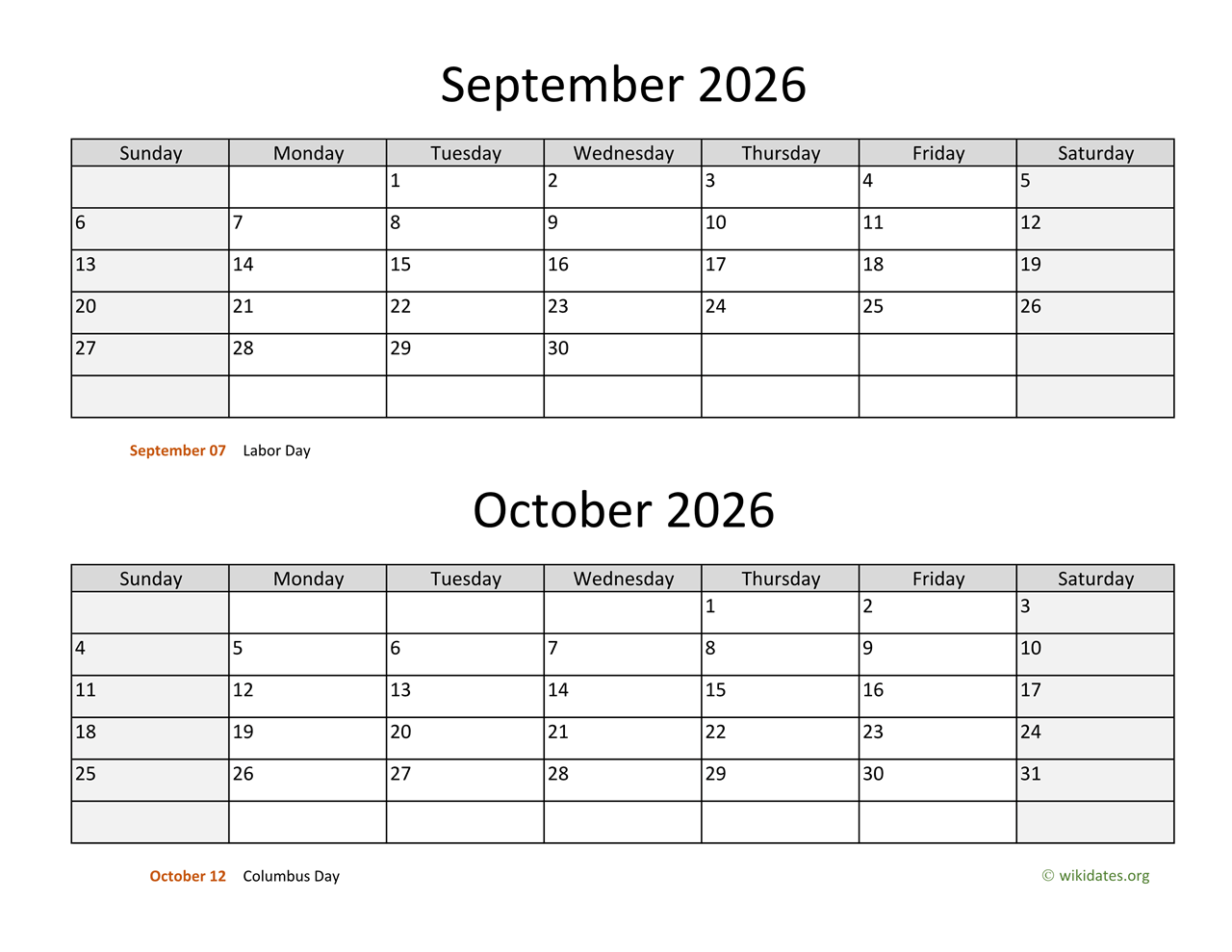 September and October 2026 Calendar  WikiDates.org