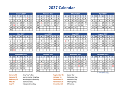 PDF Calendar 2027 with Federal Holidays