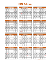 Full Year 2027 Calendar on one page