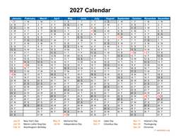 2027 Calendar Horizontal, One Page