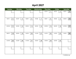April 2027 Calendar with Day Numbers
