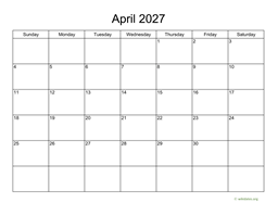 Basic Calendar for April 2027