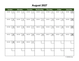 August 2027 Calendar with Day Numbers
