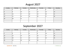 August and September 2027 Calendar