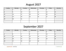 august and september 2027 calendar