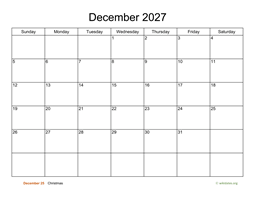 Basic Calendar for December 2027