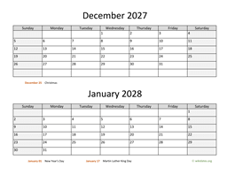december and january 2027 calendar