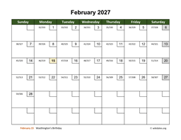 February 2027 Calendar with Day Numbers